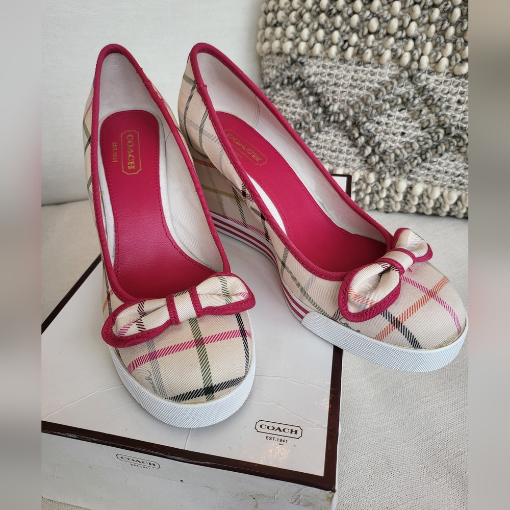 COACH Women’s Plaid Bow Platform Wedges in Pink